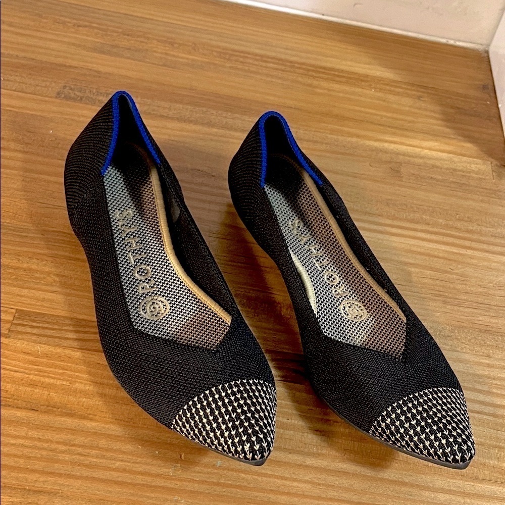 Rothy's The Point flats in "Licorice” Gold Embroidered Pointed Toe Size 6